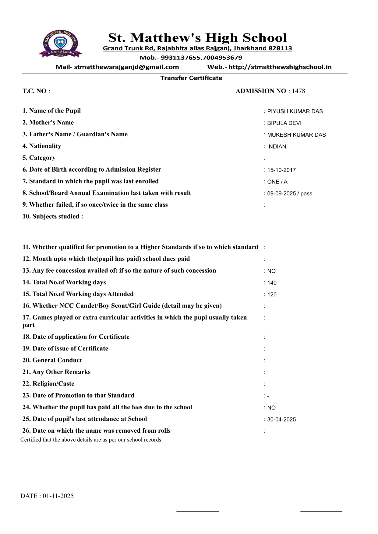Transfer Certificate